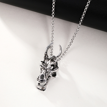 Stainless Steel Dragon Head Pendant Necklace for Men Halloween Accessory, Antique Silver & Stainless Steel Color, 23.62 inch(60cm)