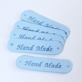 Microfiber Leather Labels, Handmade Embossed Tag, with Holes, for DIY Jeans, Bags, Shoes, Hat Accessories, Rectangle with Word Handmade, Light Sky Blue, 12x45mm