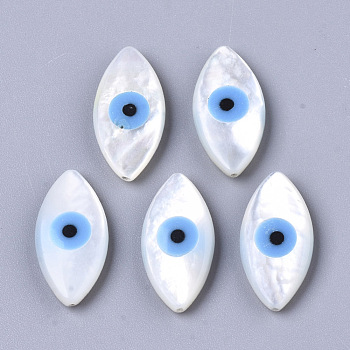 Natural White Shell Mother of Pearl Shell Beads, with Synthetic Turquoise, Horse Evil Eye with Evil Eye, Deep Sky Blue, 18x9x3mm, Hole: 0.5~0.7mm