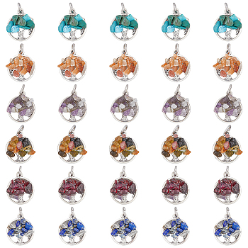 10 Sets 6 Styles Natural & Synthetic Mixed Stone Chip Pendants, Tree of Life Charms, with Antique Silver Tone Alloy Findings, 18.5x15.5~16x4~5mm, Hole: 5mm, 1pc/style, 6pcs/set