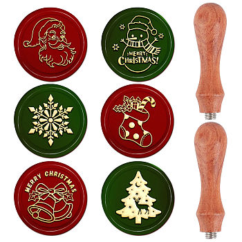 Christmas Theme 6Pcs  Brass Wax Seal Stamp Head, with 2Pcs Pear Wood Handle, for Wax Seal Stamp, Wedding Invitations Making, Chemistry Theme Pattern, 8pcs/set