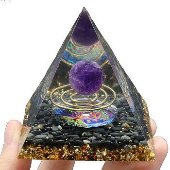 Resin Orgonite Pyramid, for Positive Energy Tower with Amethyst Healing Stones, with Radom Color Brass Finding, Office Home Decor, 60x60x60mm