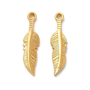 Vacuum Plating 201 Stainless Steel Pendants, Leaf Charm, Real 18K Gold Plated, 21x5x1.5mm, Hole: 1.5mm