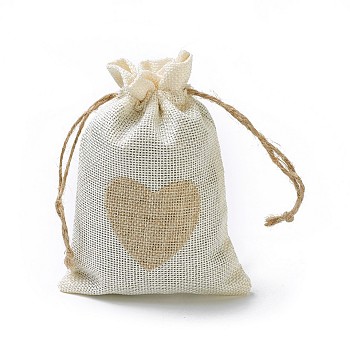 Burlap Packing Pouches, Drawstring Bags, Rectangle with Heart, Antique White, 14.2~14.5x10cm