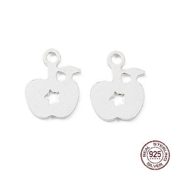 925 Sterling Silver Charms, Apple, Silver, 8x6.5x0.6mm, Hole: 1mm