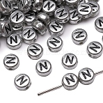 50Pcs Silver Plating Acrylic Beads, Alphabet Beads, Flat Round with Letter, Letter N, 7x4mm, Hole: 1mm(PW-WG2E8AD-13)