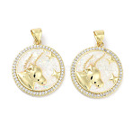 Brass Micro Pave Clear Cubic Zirconia Pendants, Cadmium Free & Lead Free, with Synthetic Opal and ABS Plastic Pearl, Real 18K Gold Plated, Flat Round with Twelve Constellations Charms, Taurus, 23x20x2.5mm, Hole: 4.5x3mm(KK-L213-010G-08)