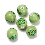 Handmade Porcelain Beads, Round with Peace Dove, Hand Painted, Famille Rose Porcelain, Dark Sea Green, 16.5~17x16mm, Hole: 2.5mm(PR-T138-01A)
