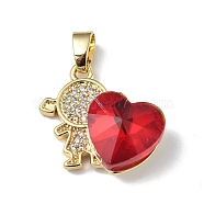 Real 18K Gold Plated Rack Plating Brass Micro Pave Clear Cubic Zirconia Pendants, with Glass, Long-Lasting Plated, Cadmium Free & Lead Free, Girl with Heart Charm, Red, 20.8x17x8mm, Hole: 6x3mm(KK-C015-23G-06)
