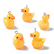 Opaque Resin Pendants, with Platinum Tone Iron Loop, 3D Duck, Gold, 22~23x16.5x13.5mm, Hole: 2mm(RESI-S356-065)