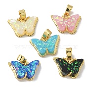 Rack Plating Brass Pendants, with Resin Imitation Opal & Glitter, Long-Lasting Plated, Lead Free & Cadmium Free, Butterfly, Mixed Color, 11.5x15.5x5mm, Hole: 4x2.5mm(KK-Q009-07G-01)