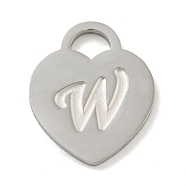 Non-Tarnish 304 Stainless Steel Pendants, Laser Cut, Heart with Letter Charm, Stainless Steel Color, Letter W, 15x12x1mm, Hole: 3x3.5mm(FIND-M017-01P-W)