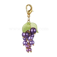 Grape Glass Pendant Decoration, with Acrylic Leaf and Alloy Clasp, Medium Purple, 57~60mm(HJEW-JM01468-01)