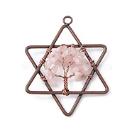Pentagram Natural Rose Quartz Copper Wire Wrapped Chip Big Pendants, Tree of Life Charm, with Red Copper Tone Iron Findings, 55x43x8mm, Hole: 3.6mm(G-E195-10R-01)