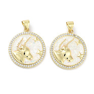 Brass Micro Pave Clear Cubic Zirconia Pendants, with Synthetic Opal and ABS Plastic Pearl, Real 18K Gold Plated, Flat Round with Twelve Constellations Charms, Taurus, 23x20x2.5mm, Hole: 4.5x3mm(KK-L213-010G-08)