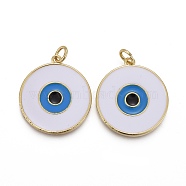 Brass Enamel Pendants, with Jump Rings, Long-Lasting Plated, Flat Round with White Evil Eye, Real 18K Gold Plated, 22.5x20x2~2.5mm, Hole: 3mm(KK-F821-48A-G)