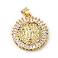 Rack Plating Brass Micro Pave Cubic Zirconia Pendants, Cadmium Free & Lead Free, Real 18K Gold Plated, Flat Round with Saint Pattern Charm, Clear, 25x23x3.5mm, Hole: 3.5x5mm(KK-E072-22G)