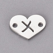 304 Stainless Steel Links, Heart with Letter, Stainless Steel Color, Letter.X, 9x12x1mm, Hole: 1.2mm(STAS-CJC0001-03X-P)