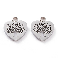 304 Stainless Steel Charms, Laser Cut, Heart with Tree of Life, Stainless Steel Color, 12x11x1.5mm, Hole: 1.8mm(STAS-Y002-05P)