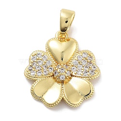 Rack Plating Brass Micro Pave Cubic Zirconia Pendants, Long-Lasting Plated, Lead Free & Cadmium Free, Flower, Clear, 22x20x3.5mm, Hole: 5x3.5mm(KK-Z071-75G-01)