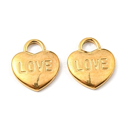 304 Stainless Steel Pendants, Heart, with Word Love, Valentine's Day, Golden, 17x15x2.5mm, Hole: 4x4.5mm(STAS-G108-25G)