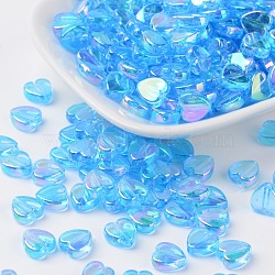 Transparent Acrylic Beads, Heart, Deep Sky Blue, AB, Size: about 8mm wide, 3mm thick, hole: 1mm(X-PL539-833)