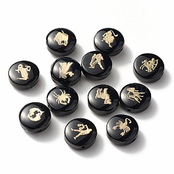 Handmade Lampwork Beads, with Platinum Plated Brass Embellishments, Flat Round with Twelve Constellations, Black, 12x6mm, Hole: 1mm, 12pcs/set(LAMP-N030-002)