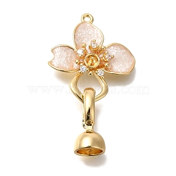 Brass Micro Pave Clear Cubic Zirconia Fold Over Clasps, with Enamel, Flower, Real 18K Gold Plated, 34mm, Flower: 23x20x5mm, Clasp: 15x7x7mm(KK-K389-022G)