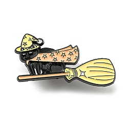 Animal Magician on the Broom Enamel Pins, Black Alloy Brooches for Backpack Clothes, Cat Shape, 20.5x33.5x1.5mm(JEWB-Z009-06B)