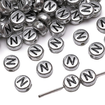 50Pcs Silver Plating Acrylic Beads, Alphabet Beads, Flat Round with Letter, Letter N, 7x4mm, Hole: 1mm