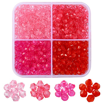 1200Pcs 4 Colors Transparent Acrylic Beads, Bicone, Mixed Color, 4x4mm, Hole: 1.2mm, 200pcs/color