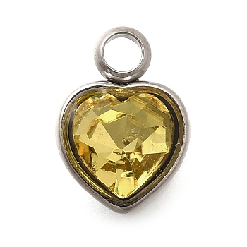 304 Stainless Steel with Rhinestone Pendants, Heart, Light Topaz, 9.5x6.5x4.5mm, Hole: 1.6mm