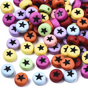 Opaque Acrylic Beads, with Enamel, Flat Round with Star, Mixed Color, 7x4mm, Hole: 1.5mm, about 3416pcs/500g