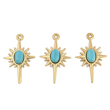 Synthetic Turquoise Sun Pendants, with Ion Plating(IP) 304 Stainless Steel Findings, Real 18K Gold Plated, 22.5x13.5x3mm, Hole: 1.5mm