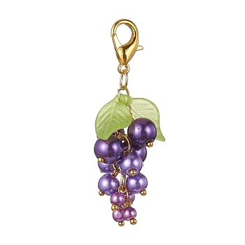 Grape Glass Pendant Decoration, with Acrylic Leaf and Alloy Clasp, Medium Purple, 57~60mm