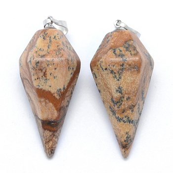 Natural Picture Jasper Pointed Pendants, with Brass Findings, Bullet, Platinum, 38.5x16x14.5mm, Hole: 5x8mm