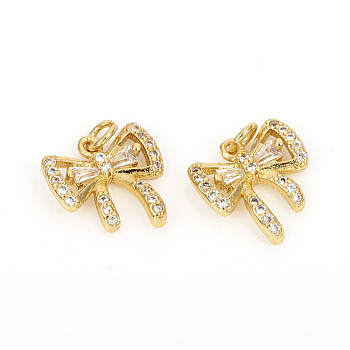 Brass Micro Pave Cubic Zirconia Charms, with Jump Rings, Bowknot, Clear, Golden, 11.8x12x2.8mm, Jump Rings: 3.8x0.8mm, 2.4mm Inner Diameter