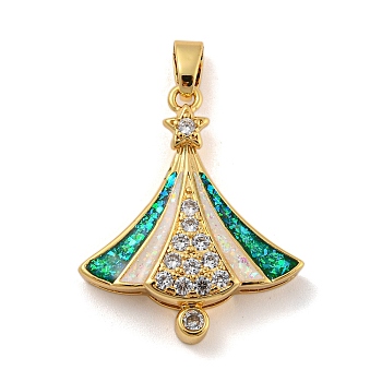 Christmas Brass Micro Pave Cubic Zirconia Pendant, with Synthetic Opal, Christmas Tree, Snow, 29x24.5x5.5mm, Hole: 5x3mm