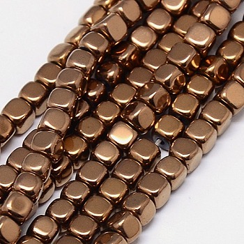 Electroplate Non-magnetic Synthetic Hematite Beads Strands, Cube, Grade A, Copper Plated, 4x4x4mm, Hole: 1mm, about 100pcs/strand, 16 inch