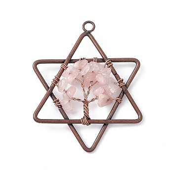 Pentagram Natural Rose Quartz Copper Wire Wrapped Chip Big Pendants, Tree of Life Charm, with Red Copper Tone Iron Findings, 55x43x8mm, Hole: 3.6mm