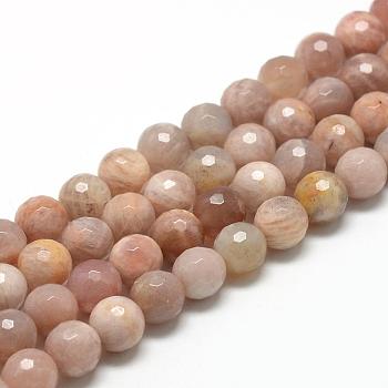 Natural Sunstone Beads Strands, Faceted(128 Facets), Round, 8~9mm, Hole: 1mm, about 45~50pcs/strand, 15.7 inch
