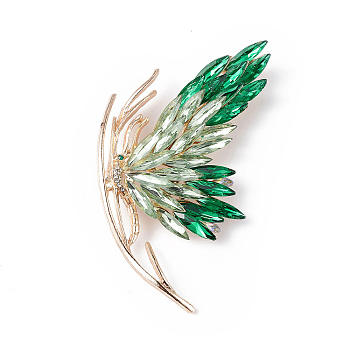 Rhinestone Butterfly Brooch Pin, Light Gold Alloy Badge for Women, Emerald, 73.5x64x15mm, Pin: 0.8mm