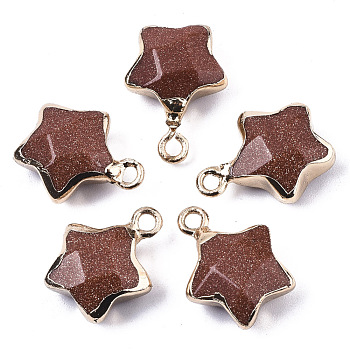 Synthetic Goldstone Pendants, with Light Gold Plated Edge and Brass Loop, Star, Faceted, 16~17x13x6.5mm, Hole: 1.6mm