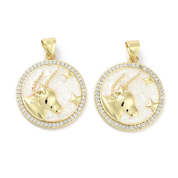 Brass Micro Pave Clear Cubic Zirconia Pendants, with Synthetic Opal and ABS Plastic Pearl, Real 18K Gold Plated, Flat Round with Twelve Constellations Charms, Taurus, 23x20x2.5mm, Hole: 4.5x3mm