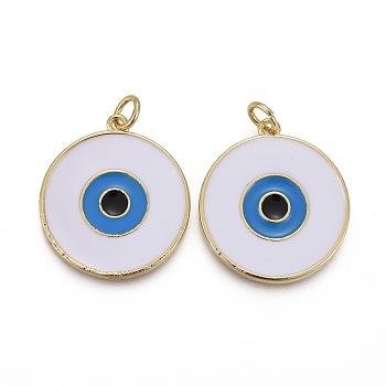 Brass Enamel Pendants, with Jump Rings, Long-Lasting Plated, Flat Round with White Evil Eye, Real 18K Gold Plated, 22.5x20x2~2.5mm, Hole: 3mm