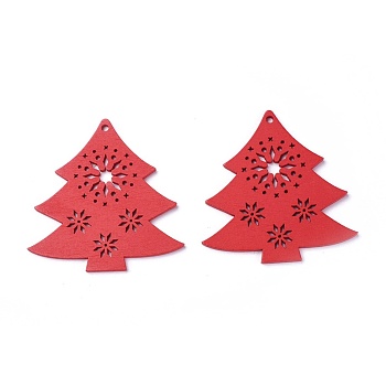 Poplar Wood Pendants, Dyed, Christmas Tree, Red, 67x65.5x3mm, Hole: 3mm