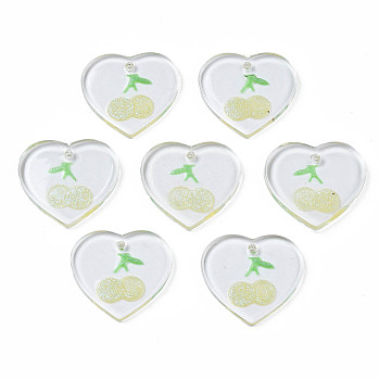 Transparent Resin Pendants, with Glitter Powder, Heart with Cherry, Champagne Yellow, 18x19.5x2~2.5mm, Hole: 1.4mm