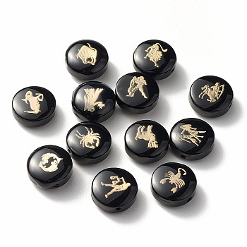 Handmade Lampwork Beads, with Platinum Plated Brass Embellishments, Flat Round with Twelve Constellations, Black, 12x6mm, Hole: 1mm, 12pcs/set