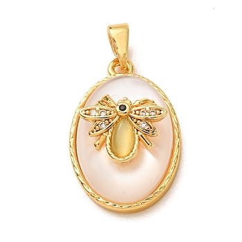 Brass Micro Pave Black Cubic Zirconia Pendants, with Resin & Enamel, Oval with Bees Charms, Real 18K Gold Plated, 22.5x15x8mm, Hole: 5x3mm