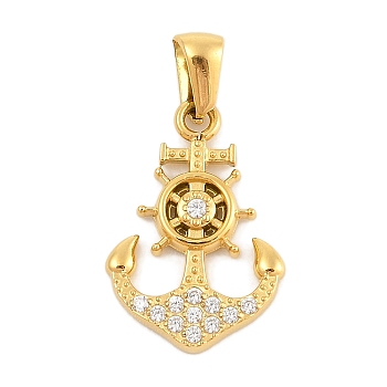 Ion Plating(IP) 304 Stainless Steel Micro Pave Cubic Zirconia Pendants, Anchor/Helm Charm, Golden, 22x15x2.5mm, Hole: 3x6mm